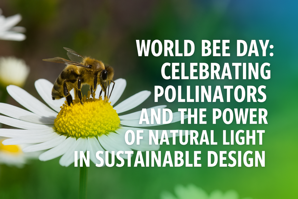 Illustration of a modern eco-friendly home bathed in sunlight with bees and flowers, symbolizing sustainability and natural daylighting.